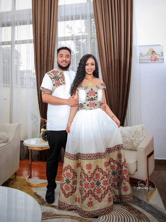 Brown Matching Habesha Couple Set – Coordinated Ethiopian Outfits for Weddings, Cultural Events, and Special Moments