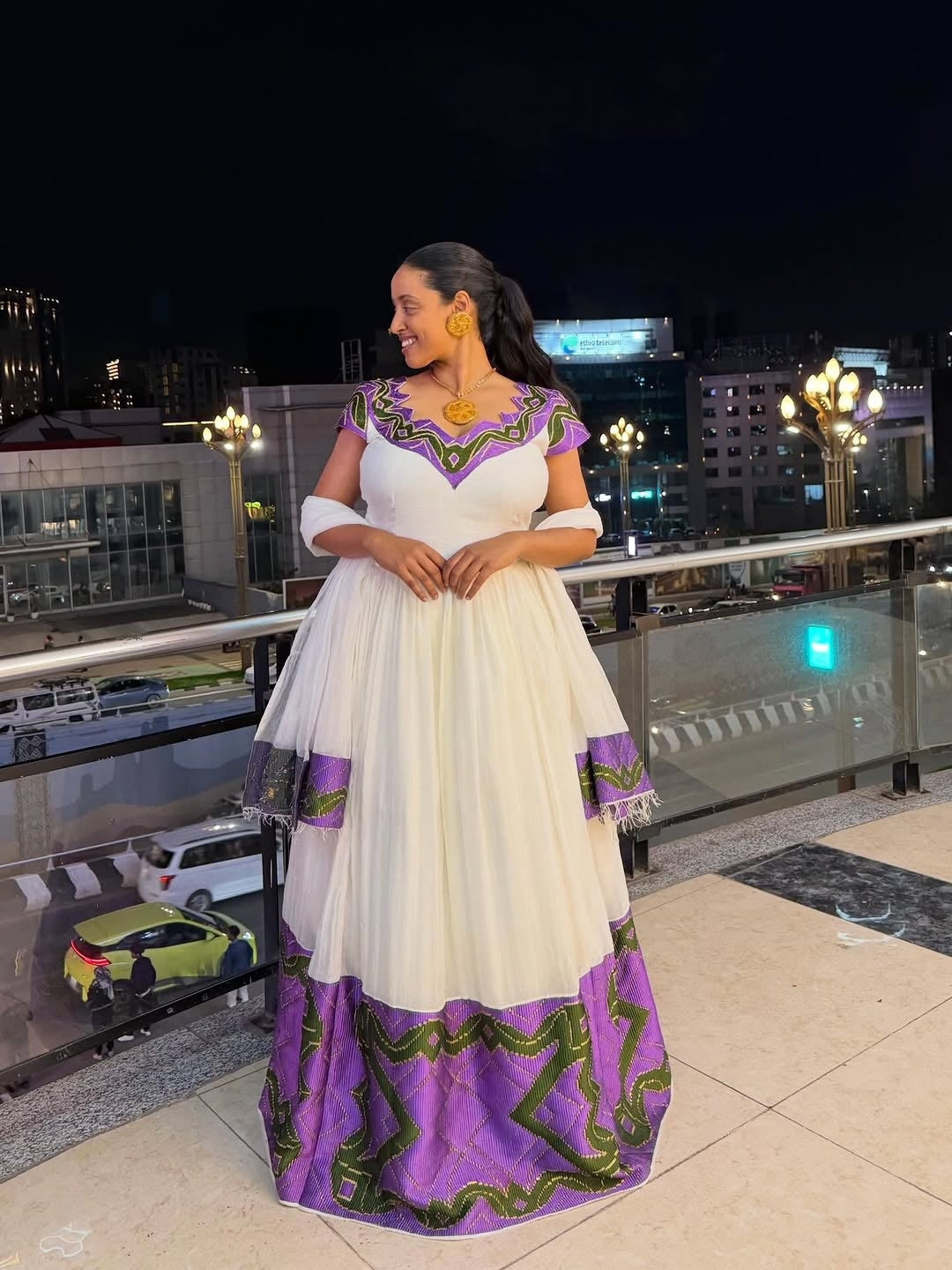 White Habesha Dress with Purple Tibeb Embroidery – Ethiopian Traditional Dress with Netela for Weddings