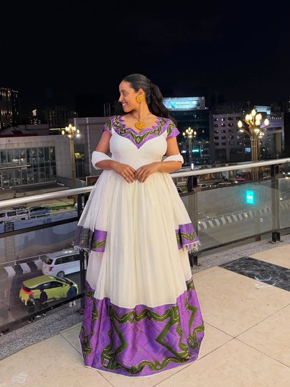 White Habesha Dress with Purple Tibeb Embroidery – Ethiopian Traditional Dress with Netela for Weddings