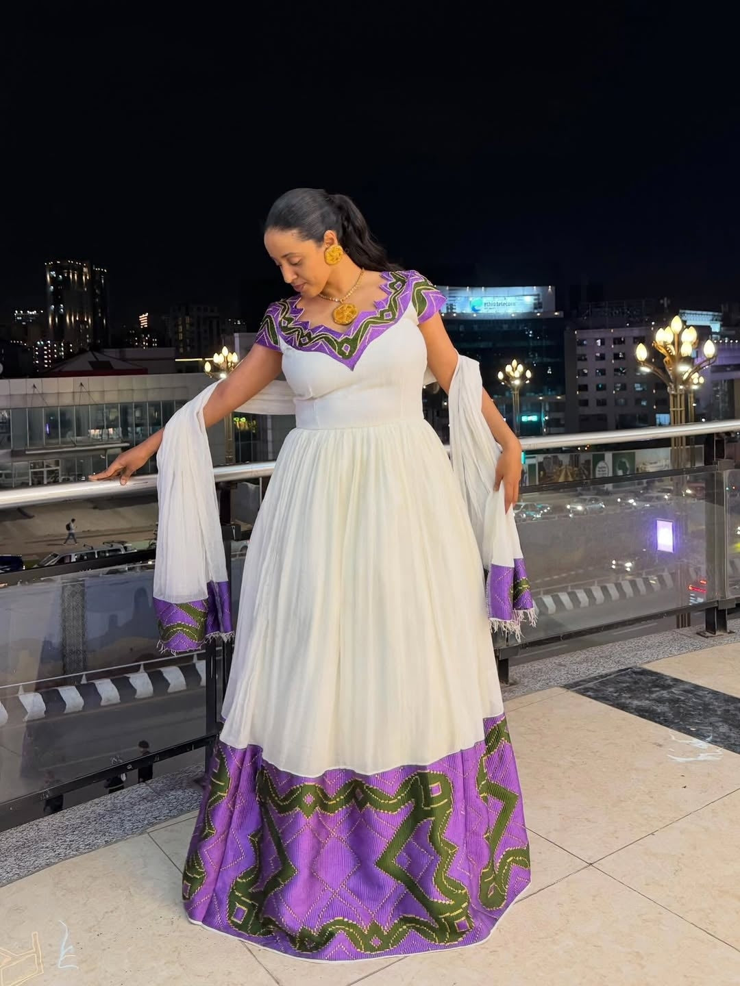 White Habesha Dress with Purple Tibeb Embroidery – Ethiopian Traditional Dress with Netela for Weddings