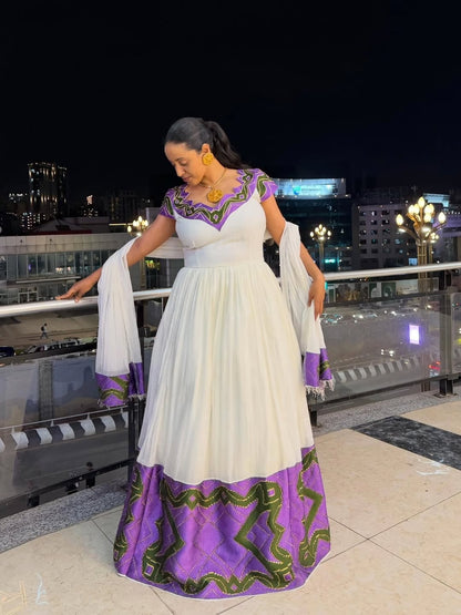 White Habesha Dress with Purple Tibeb Embroidery – Ethiopian Traditional Dress with Netela for Weddings