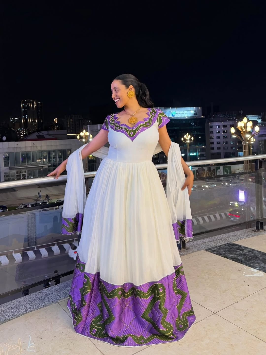 White Habesha Dress with Purple Tibeb Embroidery – Ethiopian Traditional Dress with Netela for Weddings