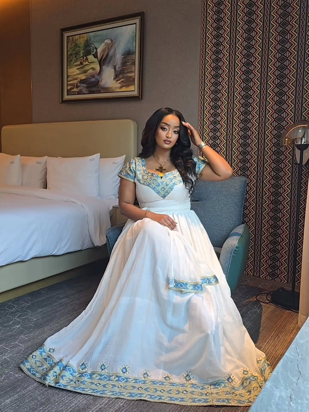 Modern Habesha Dress with Blue & Red Embroidery – Cotton Traditional E – Habesha Outlets