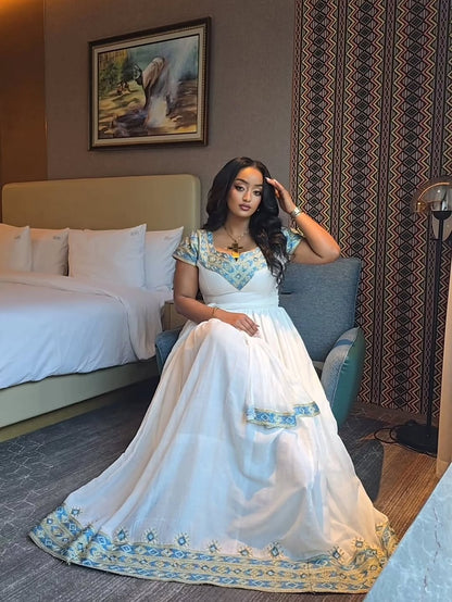 Modern Habesha Dress with Blue & Red Embroidery – Cotton Traditional Ethiopian Dress with Netela