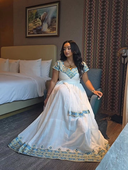 Modern Habesha Dress with Blue & Red Embroidery – Cotton Traditional Ethiopian Dress with Netela