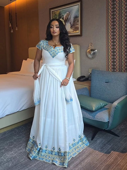 Modern Habesha Dress with Blue & Red Embroidery – Cotton Traditional Ethiopian Dress with Netela