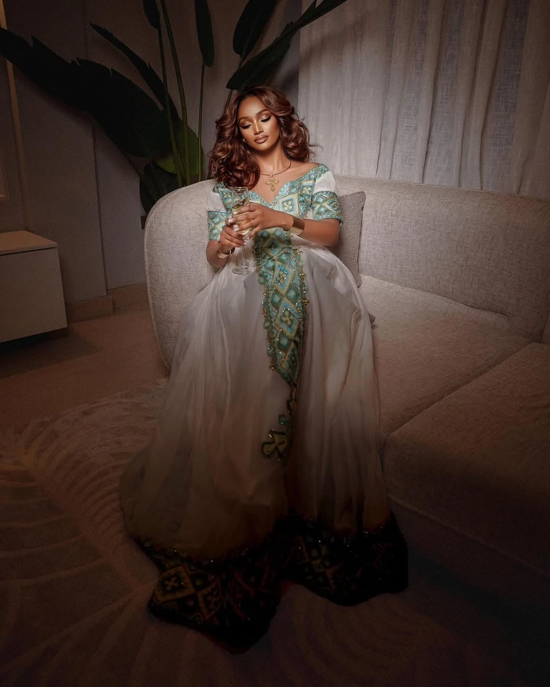 Teal Ethiopian kemis with Geometric Tilet Embroidery – Ethiopian Traditional Dress for Weddings & Celebrations