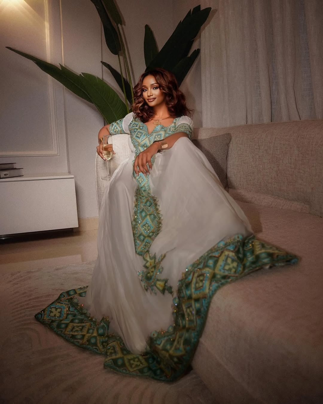 Teal Ethiopian kemis with Geometric Tilet Embroidery – Ethiopian Traditional Dress for Weddings & Celebrations