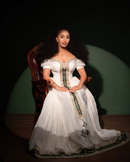 Green Ethiopian Dress – handwoven cotton with Minimalist Habesha Kemis