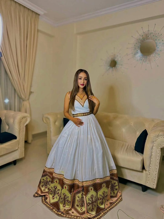 Coral Ethiopian Dress | Handmade Habesha Kemis for Weddings and Church