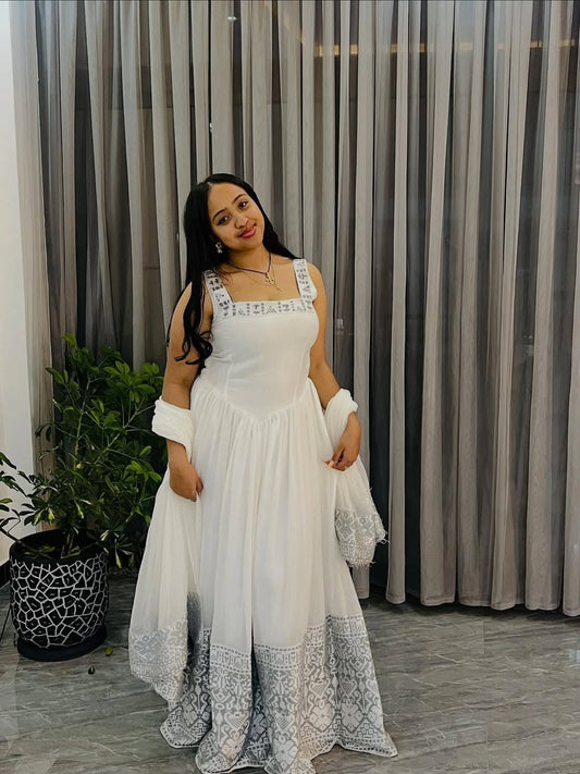 Silver Ethiopian Dress | Authentic simple Handmade Habesha Kemis Online