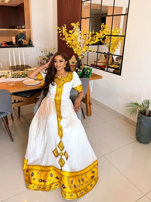 Gold Ethiopian Dress | Handmade Habesha Kemis for Cultural Festivals