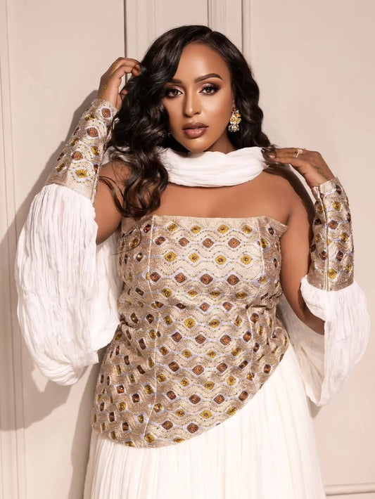 Ivory brown Ethiopian Dress Traditional | Elegant Dress for Church