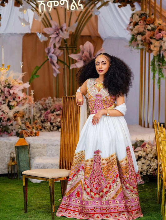 ዘመናዊ የሐበሻ ልብስ |  ለሙሽሮች የሚሆን ወርቃማ ሮዝ የሠርግ ሐበሻ ልብስ