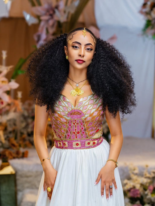 ዘመናዊ የሐበሻ ልብስ |  ለሙሽሮች የሚሆን ወርቃማ ሮዝ የሠርግ ሐበሻ ልብስ