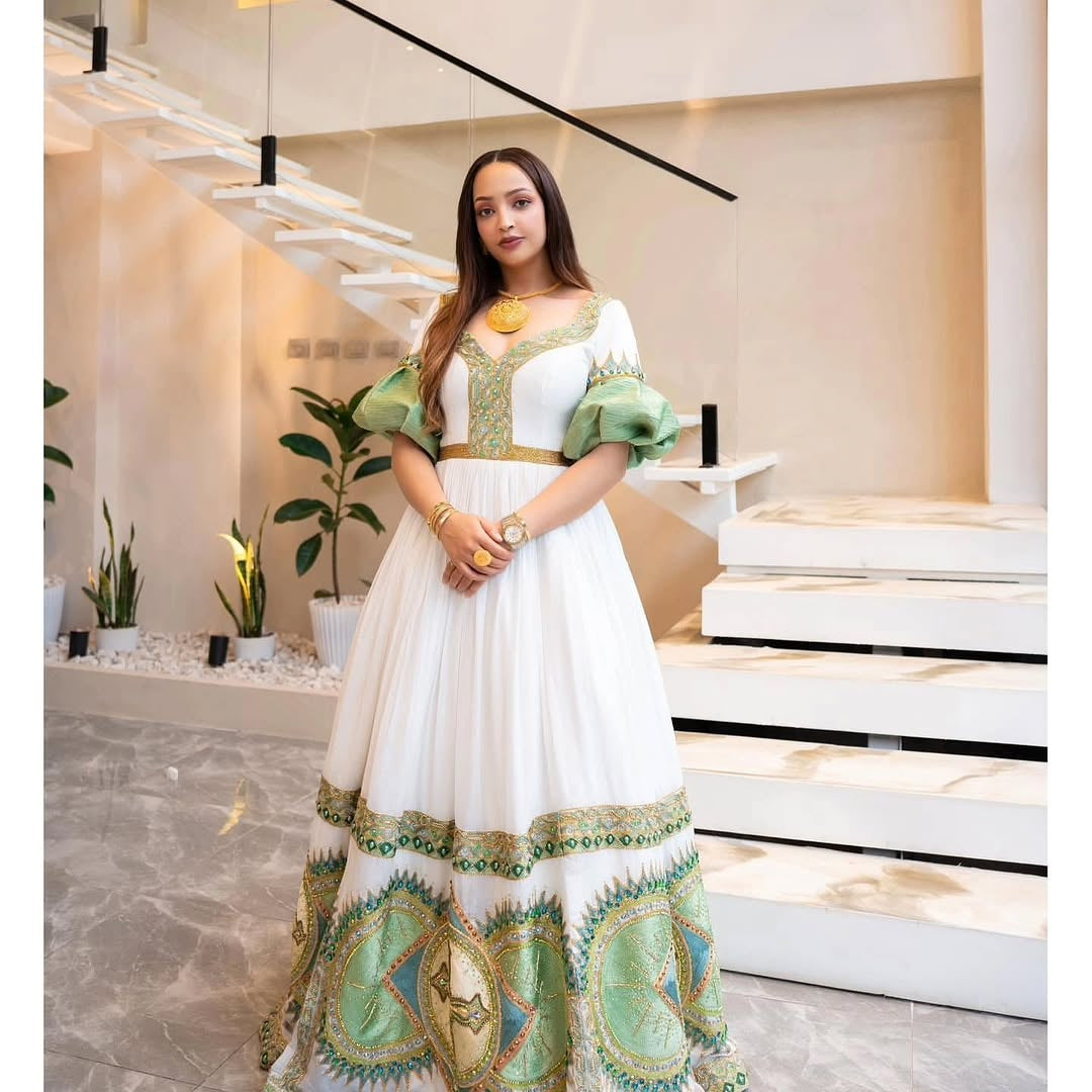 Green Habesha Kemis – Handwoven Ethiopian Dress for Cultural Events