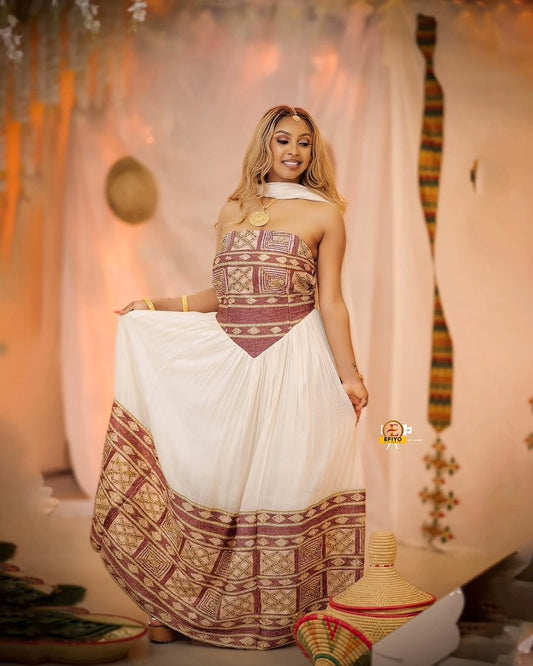 Red Off Shoulder Habesha Kemis with Full Tibeb – New Design Ethiopian Traditional Dress for Weddings and Cultural Celebrations