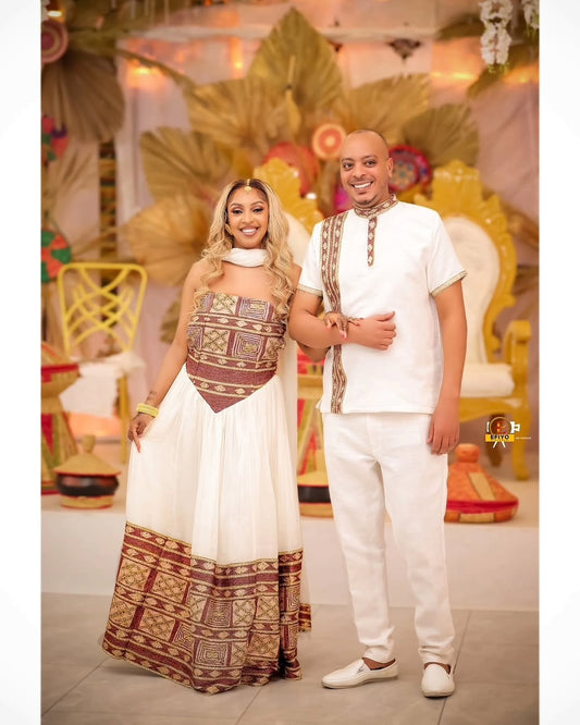 Red Off Shoulder Habesha Kemis with Full Tibeb – New Design Ethiopian Traditional Dress for Weddings and Cultural Celebrations