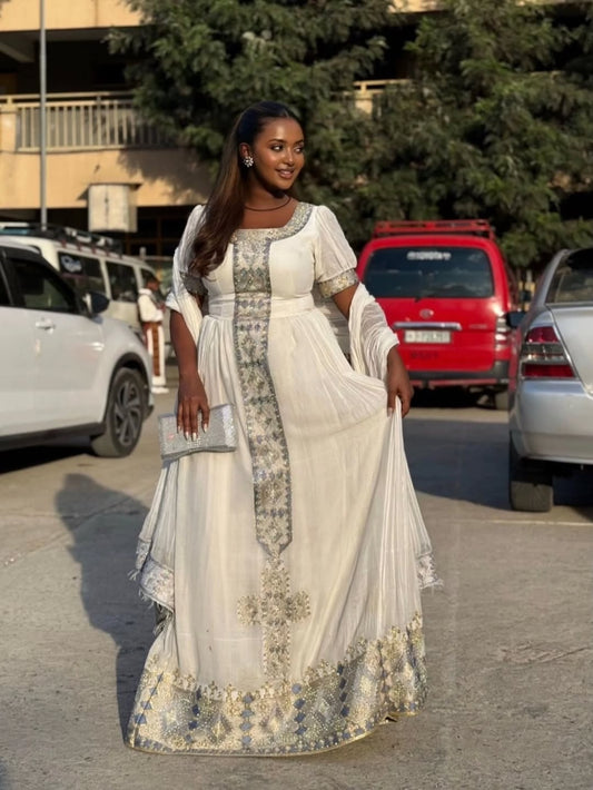 White Ethiopian Traditional Dress – Elegant Eritrean Dress Inspired Bridal & Religious Wear