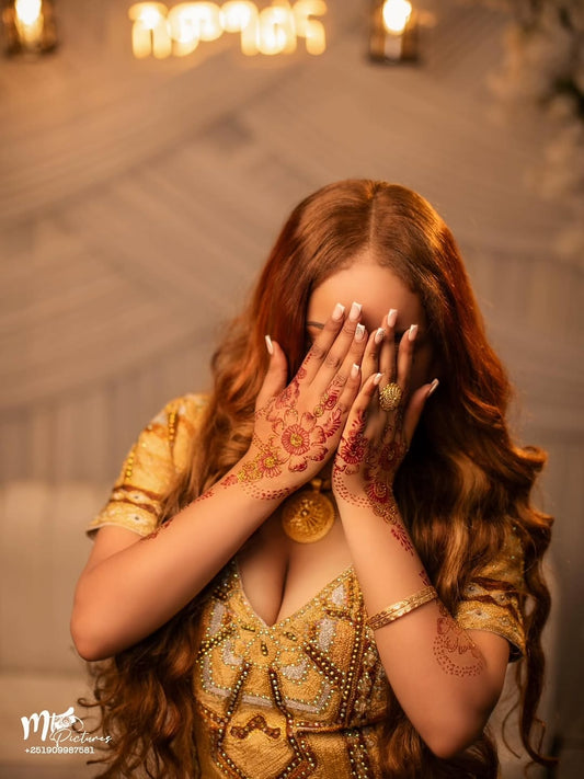 Gold Habesha Kemis Full Tibeb – Luxurious Ethiopian Wedding Sleeveless dress for Bride  with Beautiful Embroidery