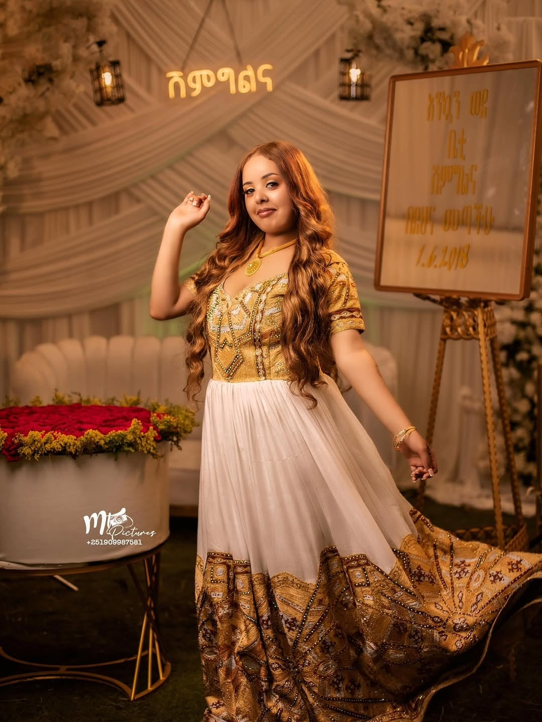 Gold Habesha Kemis Full Tibeb – Luxurious Ethiopian Wedding Sleeveless dress for Bride  with Beautiful Embroidery