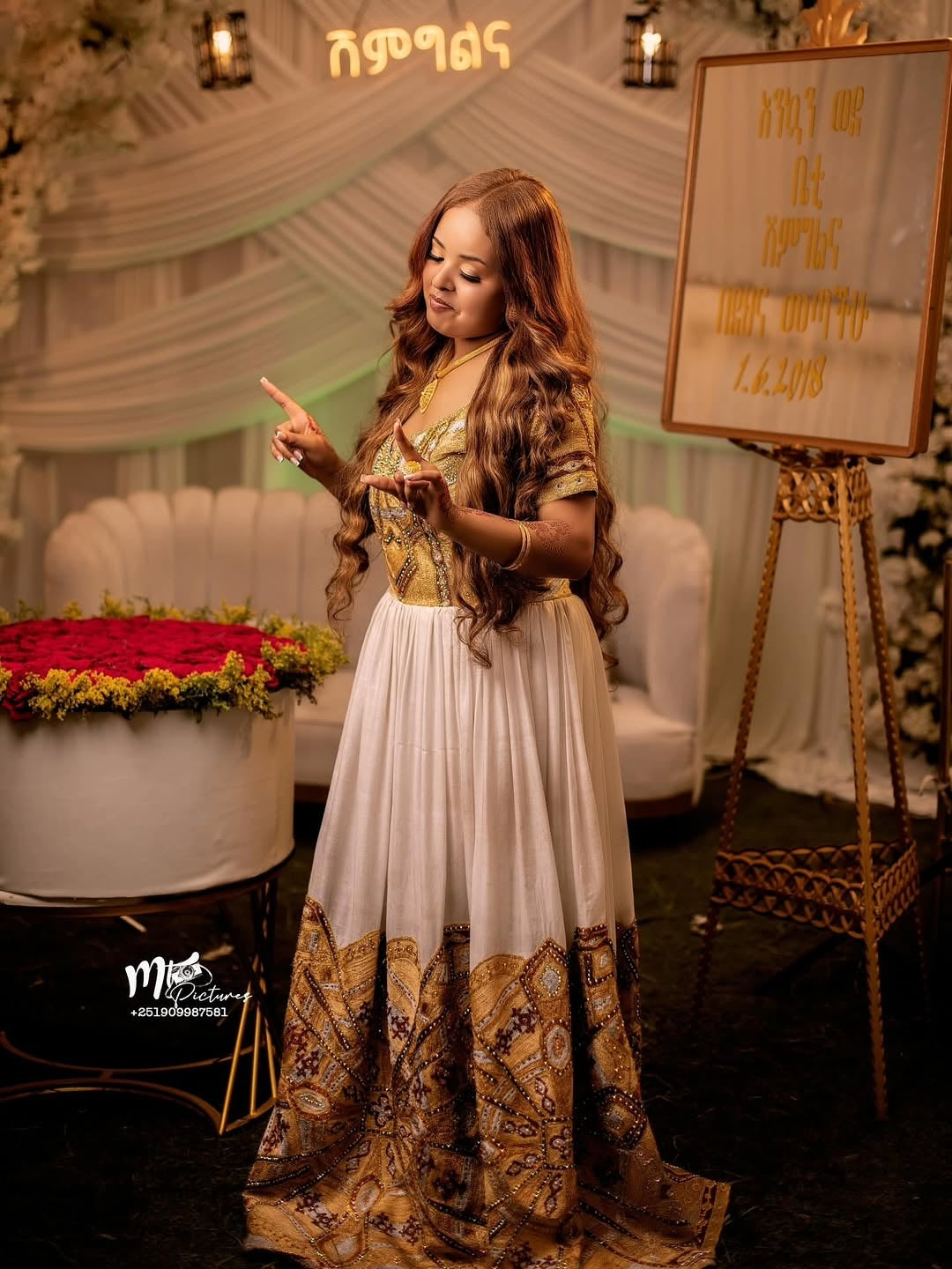 Gold Habesha Kemis Full Tibeb – Luxurious Ethiopian Wedding Sleeveless dress for Bride  with Beautiful Embroidery