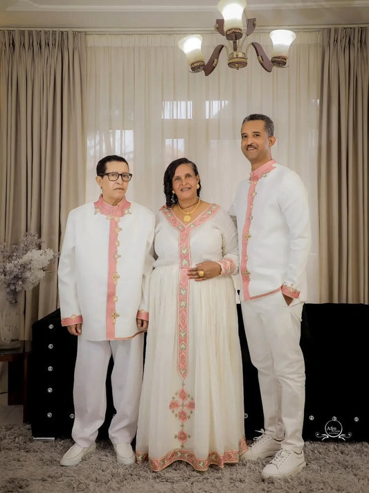 Pink Ethiopian Family Matching Set – Coordinated Habesha Outfits for Weddings, Melse & Special Celebrations