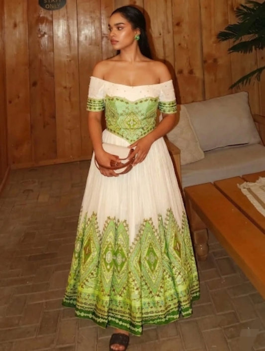 Green Full Tilf Off-Shoulder Ethiopian Kemis – Elegant Habesha Dress with Rich Traditional Embroidery for Weddings and Special Occasions