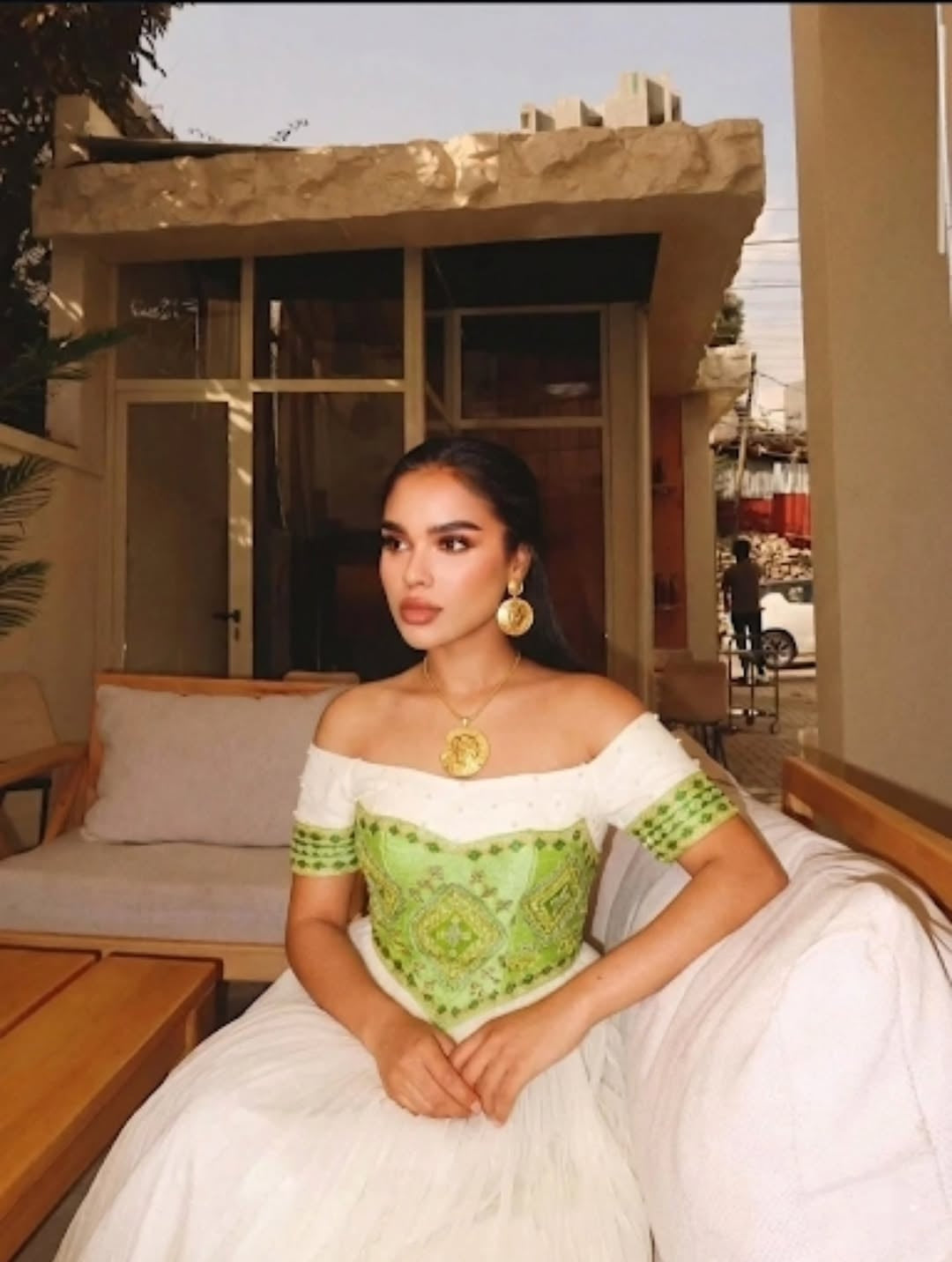 Green Full Tilf Off-Shoulder Ethiopian Kemis – Elegant Habesha Dress with Rich Traditional Embroidery for Weddings and Special Occasions