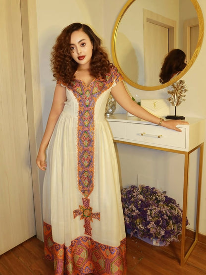 Orange Luxury Bridal Habesha Kemis – Ethiopian Wedding Guest Dress with Handmade Tibeb Details & Gold Embroidery