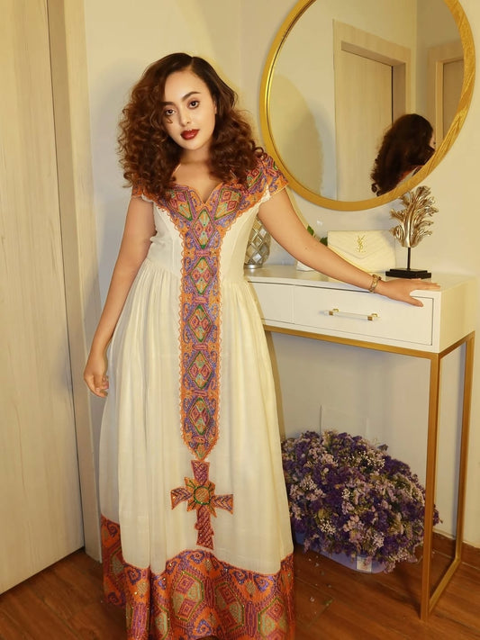 Orange Luxury Bridal Habesha Kemis – Ethiopian Wedding Guest Dress with Handmade Tibeb Details & Gold Embroidery