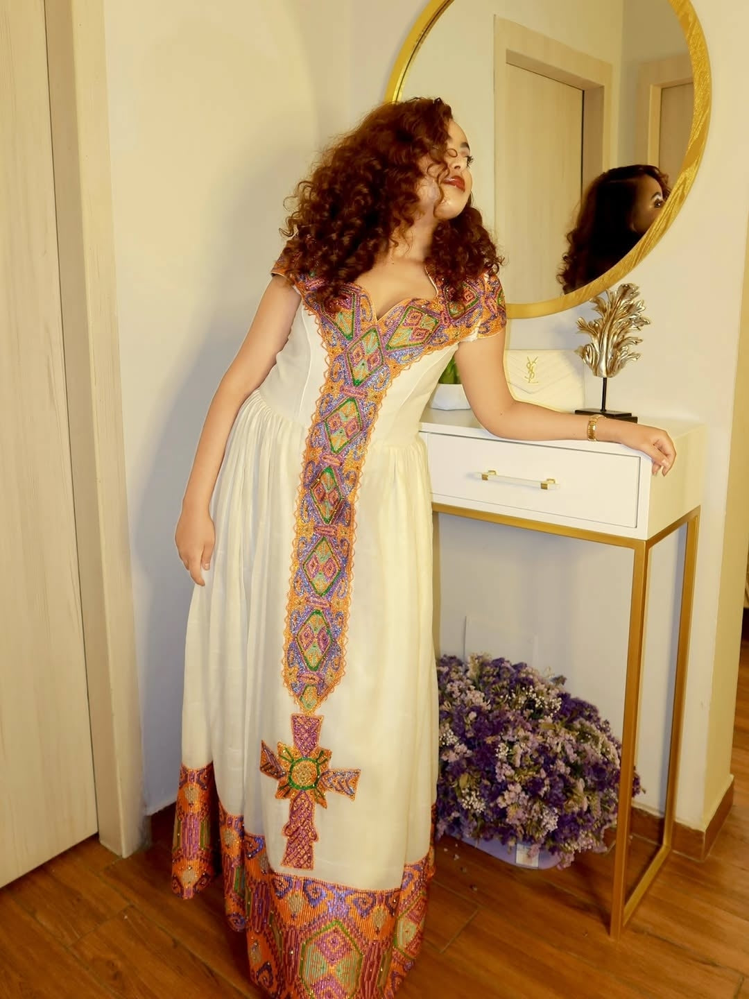 Orange Luxury Bridal Habesha Kemis – Ethiopian Wedding Guest Dress with Handmade Tibeb Details & Gold Embroidery