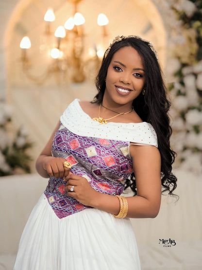 Purple Habesha Wedding Dress with Geometric Woven Bodice – Elegant Ethiopian Bridal Dress