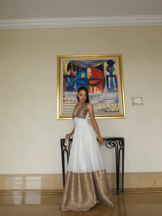Modern White Ethiopian kemis with Gold Woven Details – Elegant Ethiopian Dress for special ocassion
