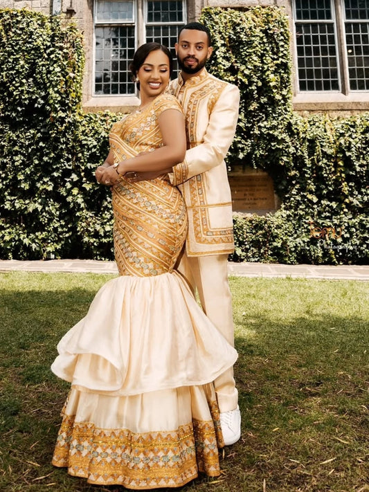 Gold habesha couple matching outfit with Cotton Matching Tibeb Embroidery for Couples