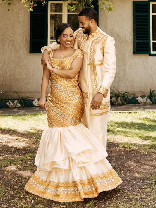 Gold habesha couple matching outfit with Cotton Matching Tibeb Embroidery for Couples