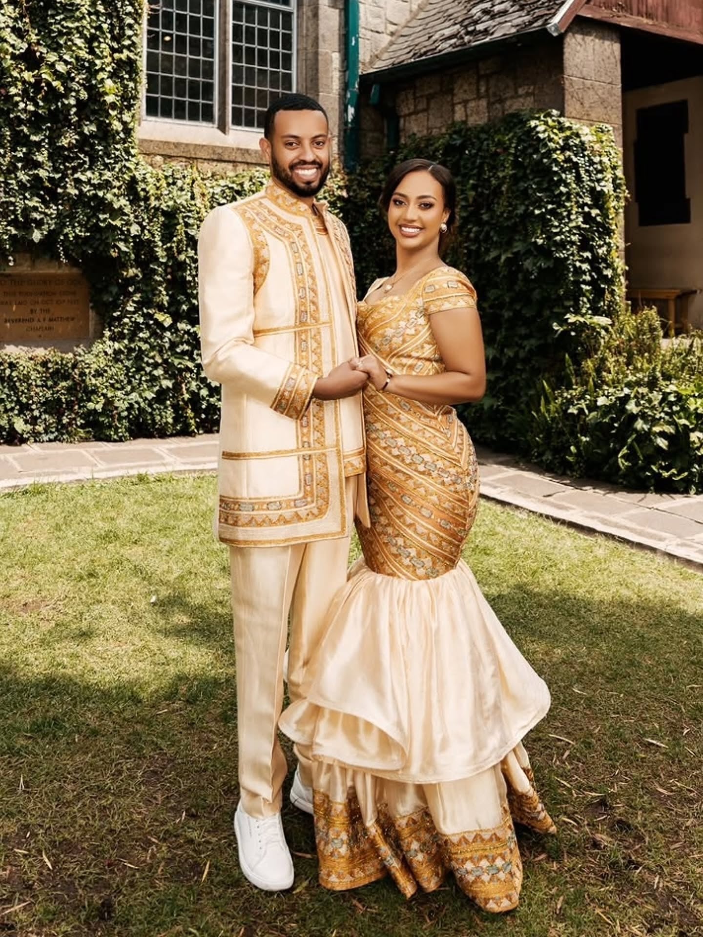 Gold habesha couple matching outfit with Cotton Matching Tibeb Embroidery for Couples