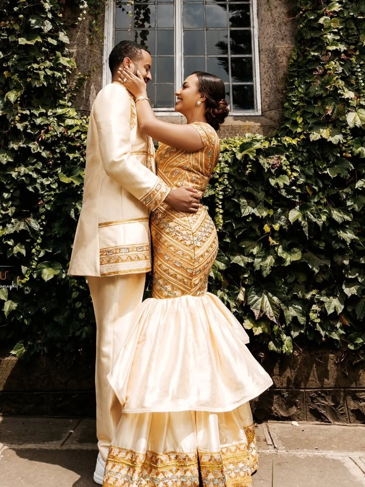 Gold habesha couple matching outfit with Cotton Matching Tibeb Embroidery for Couples