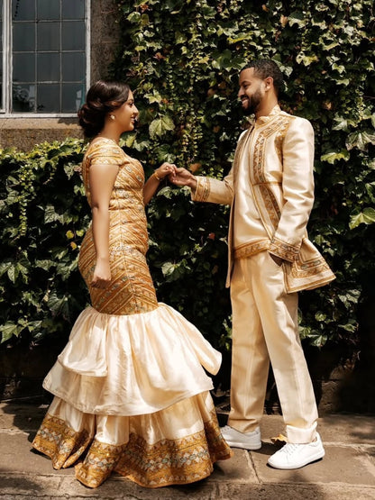 Gold habesha couple matching outfit with Cotton Matching Tibeb Embroidery for Couples