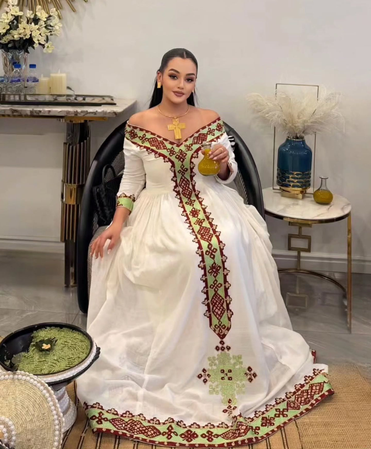 Green Habesha Store Dress with Embroidery for Enkutatash Festivities