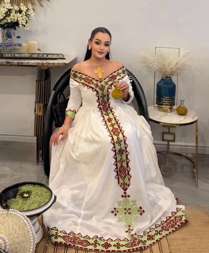 Green Habesha Store Dress with Embroidery for Enkutatash Festivities