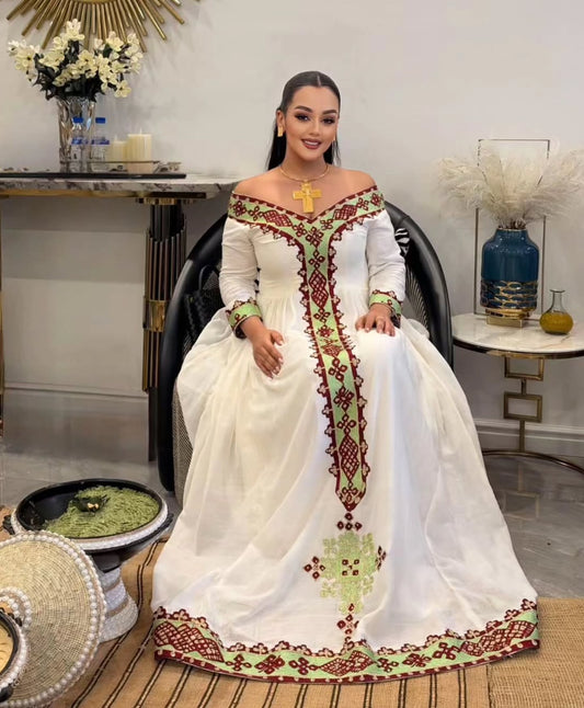 Green Habesha Store Dress with Embroidery for Enkutatash Festivities