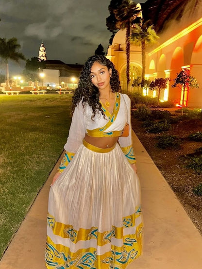 Modern Ethiopian Dress | Two-Piece Green Habesha Outfit with Gold Embroidery