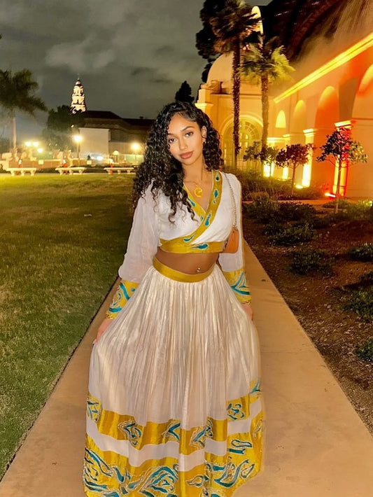 Modern Ethiopian Dress | Two-Piece Green Habesha Outfit with Gold Embroidery