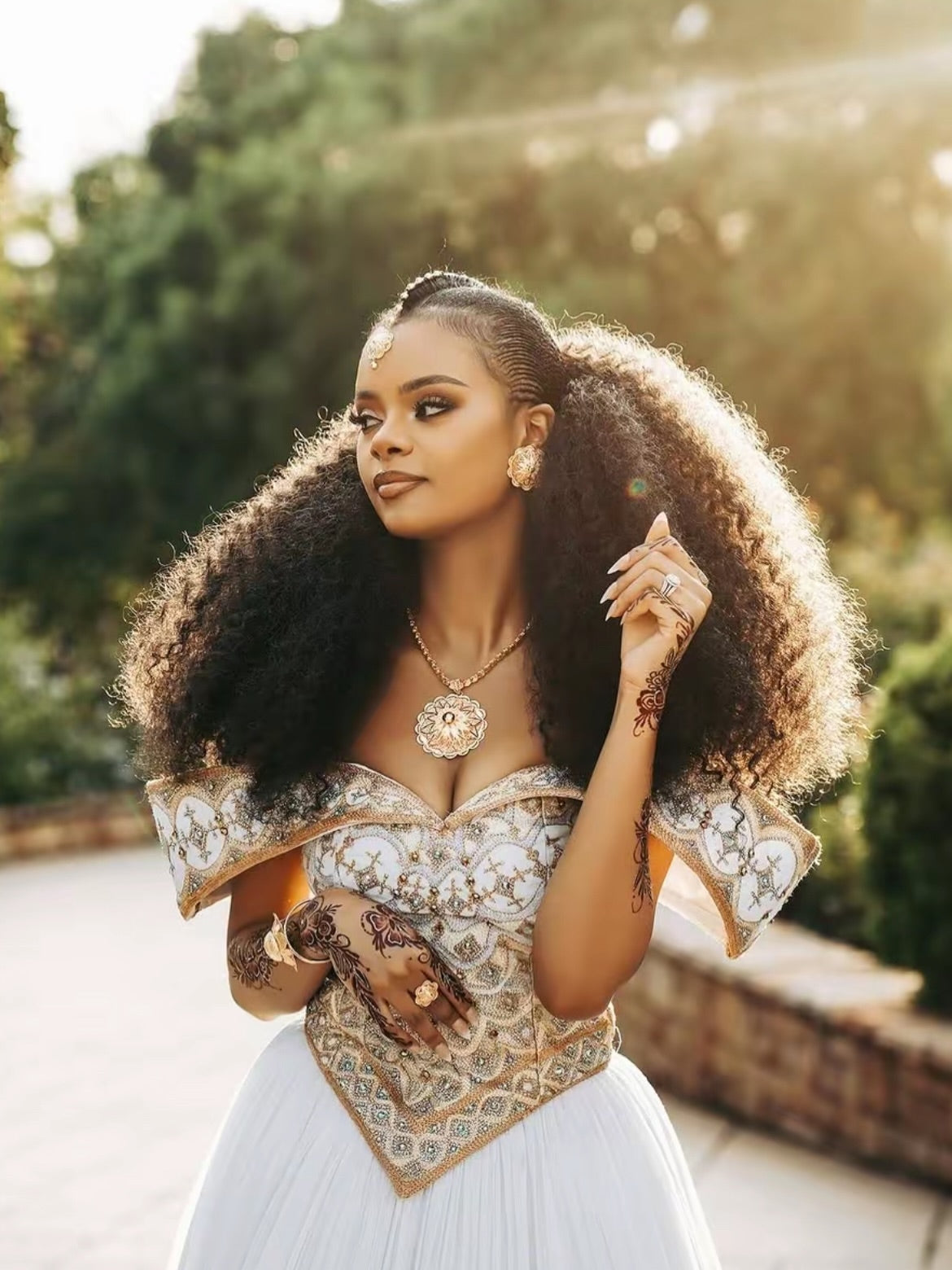 Gold Modern Habesha Wedding Dress – Contemporary Off-Shoulder Bridal dress with Geometric Tilet