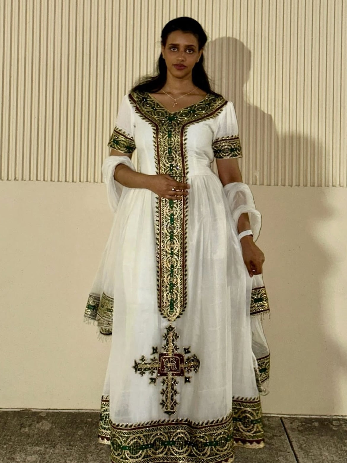 Green Habesha Kemis Natural Cotton Traditional Weave Tibeb for Women