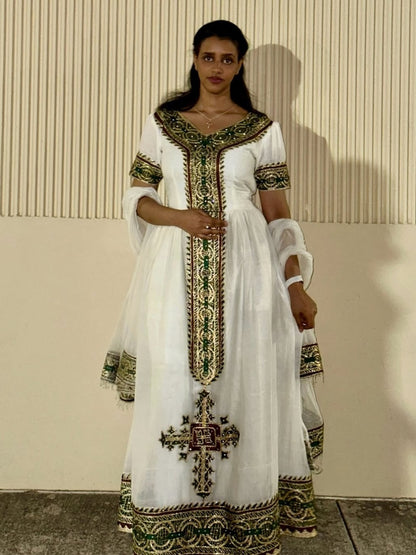 Green Habesha Kemis Natural Cotton Traditional Weave Tibeb for Women