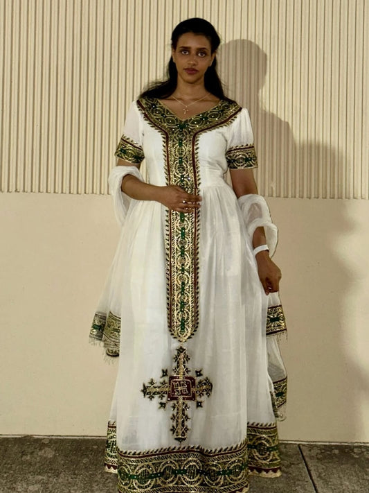 Green Habesha Kemis Natural Cotton Traditional Weave Tibeb for Women