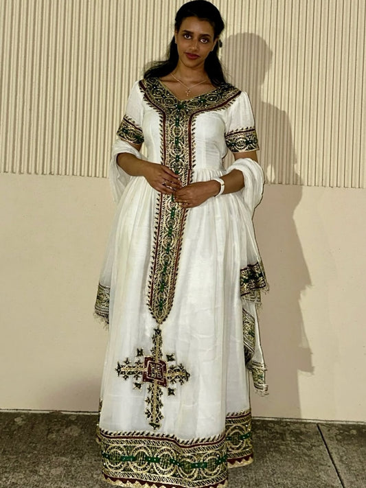 Green Habesha Kemis Natural Cotton Traditional Weave Tibeb for Women