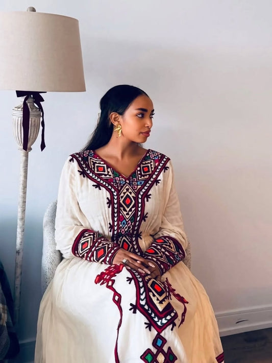 Purple Gondar Fetel Habesha Dress – Traditional Ethiopian Outfit with Cultural Detail for Celebrations and Special Occasions